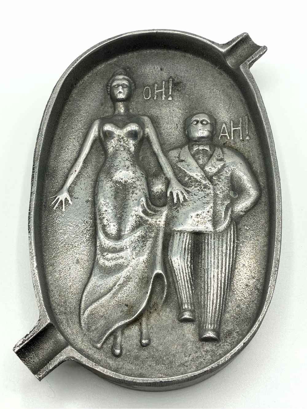 Vintage Double Sided Risque Figural Ashtray Oval Metal OH! AH! Novelty Art Deco